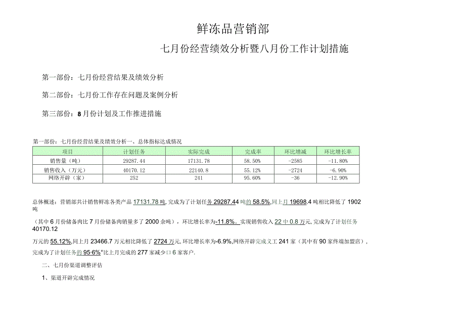 鲜冻品营销部七月份工作总结暨八月份经营计划措施.docx_第1页