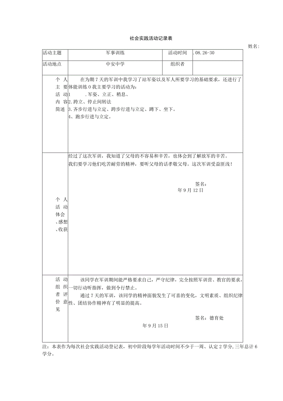 军训活动记录表及社会实践活动评价与学分认定表.docx_第3页