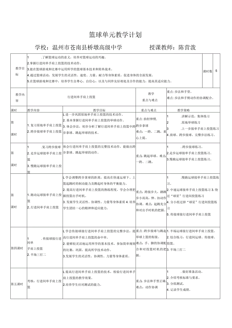 篮球单元教学计划学校温州市苍南县桥墩高级中学授课教师陈营泼.docx_第1页