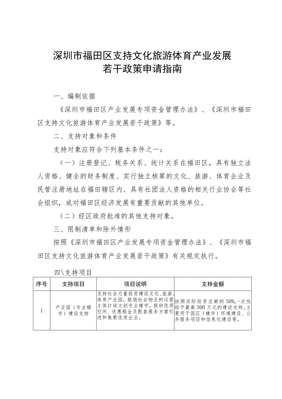 深圳市福田区支持文化旅游体育产业发展若干政策申请指南.docx_第1页