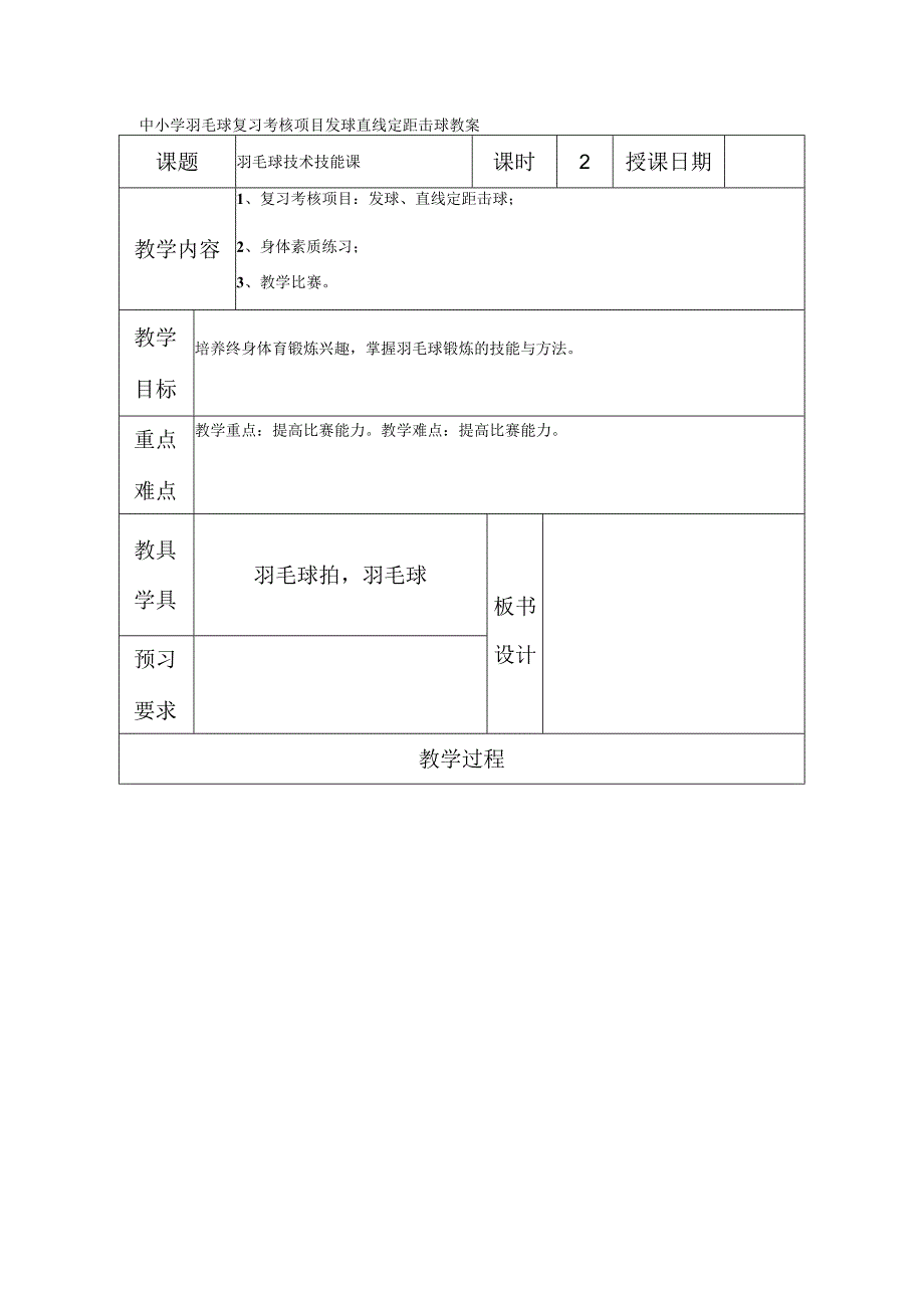 中小学羽毛球复习考核项目发球直线定距击球教案.docx_第1页