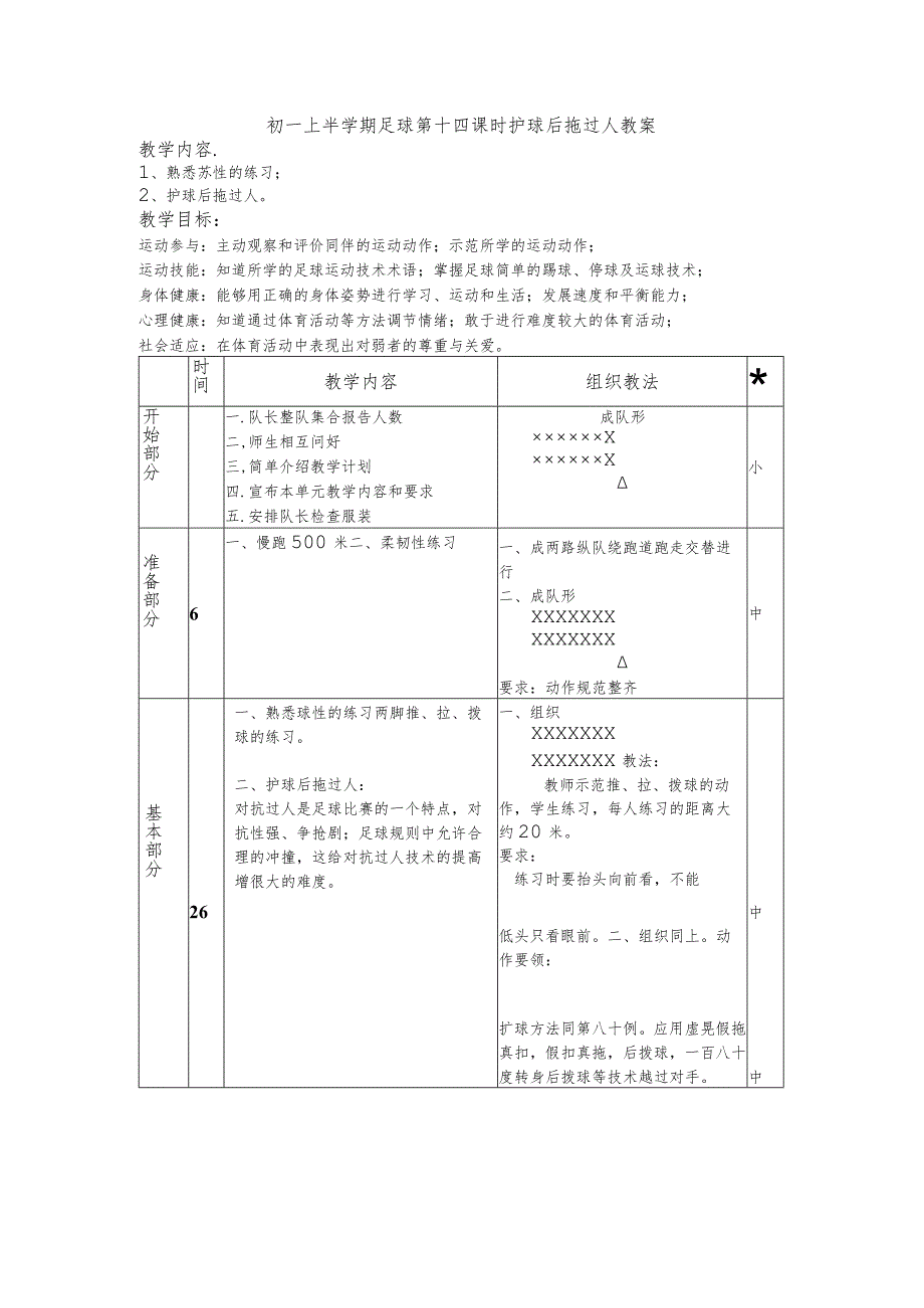 初一上半学期足球第十四课时护球后拖过人教案.docx_第1页