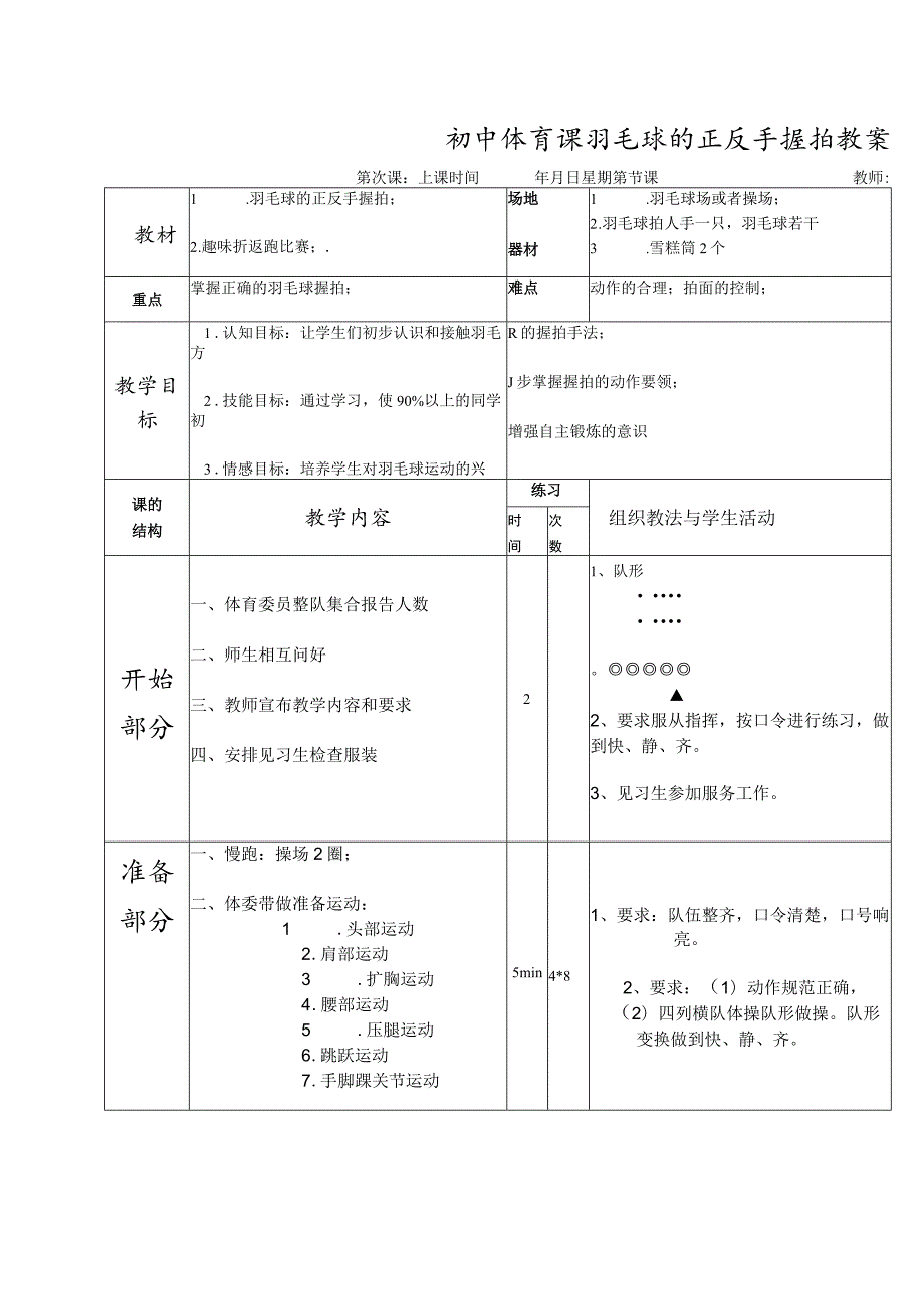 初中体育课羽毛球的正反手握拍教案.docx_第1页