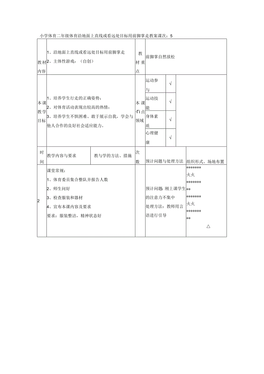 小学体育二年级体育沿地面上直线或看远处目标用前脚掌走教案.docx_第1页