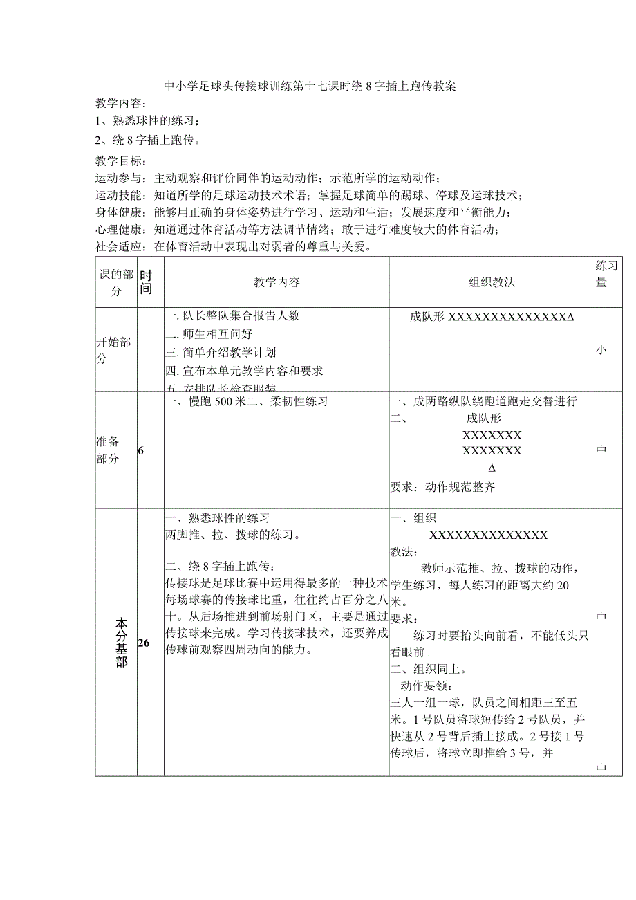 中小学足球头传接球训练第十七课时绕8字插上跑传教案.docx_第1页