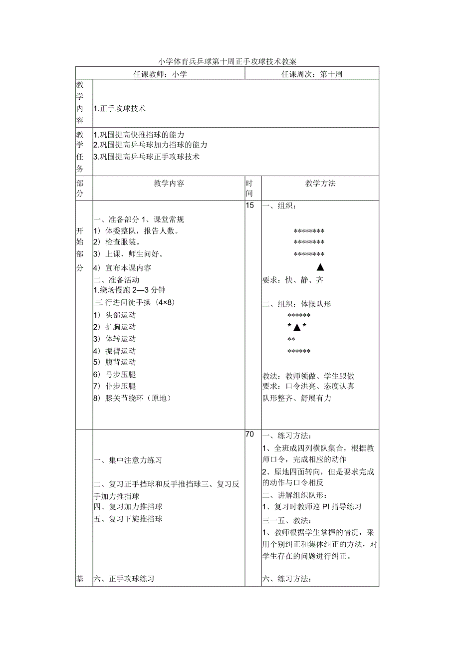 小学体育兵乒球第十周正手攻球技术教案.docx_第1页