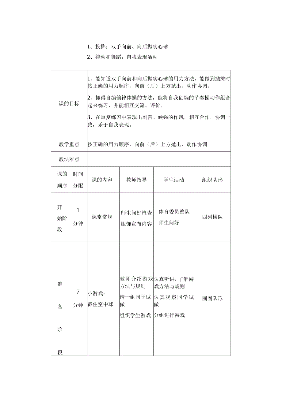 中小学足球双手向前及向后抛实心球教案.docx_第1页