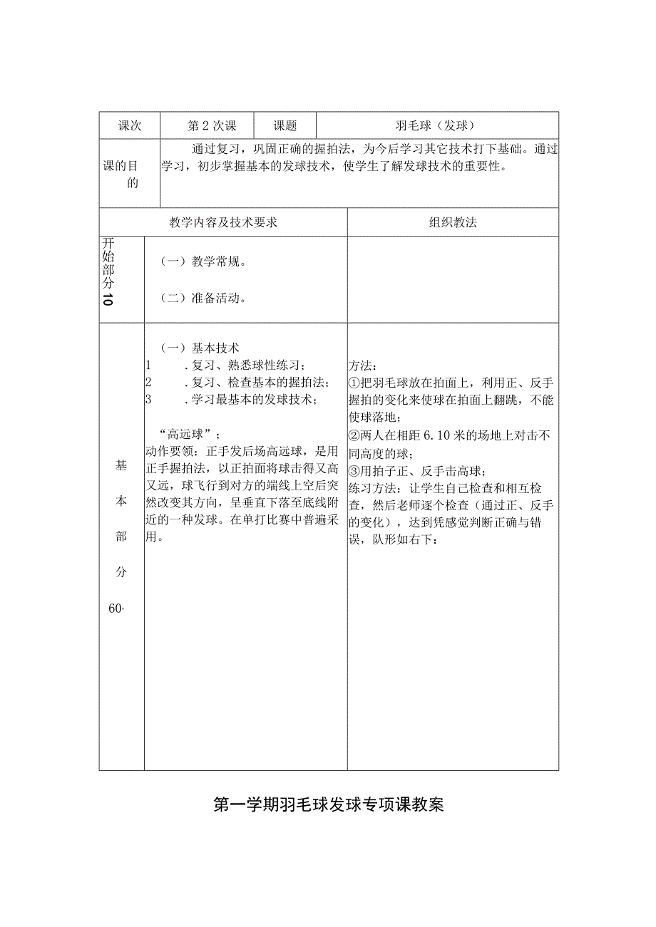 第一学期羽毛球发球专项课教案.docx_第1页