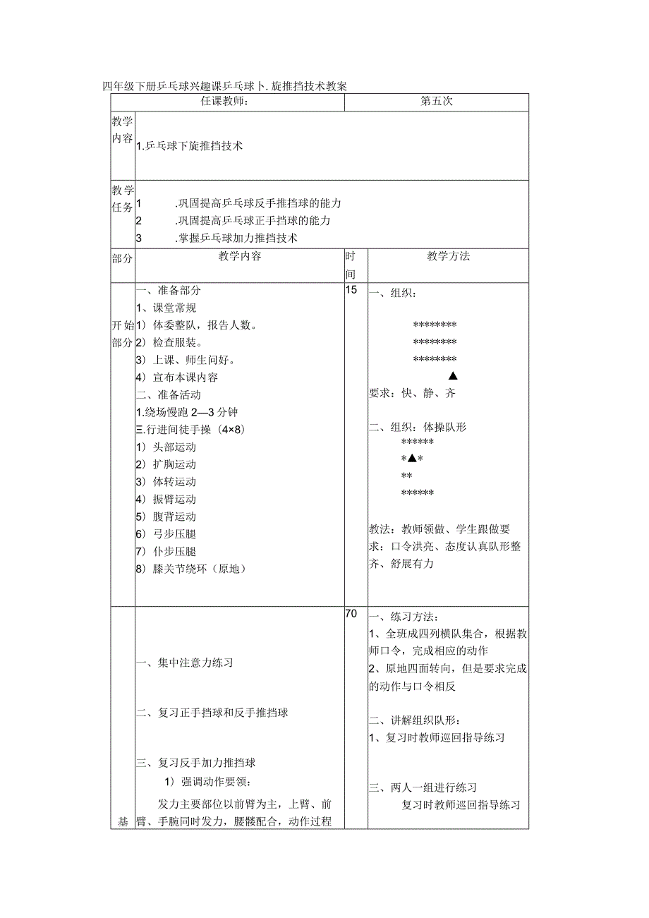 四年级下册乒乓球兴趣课乒乓球下旋推挡技术教案.docx_第1页