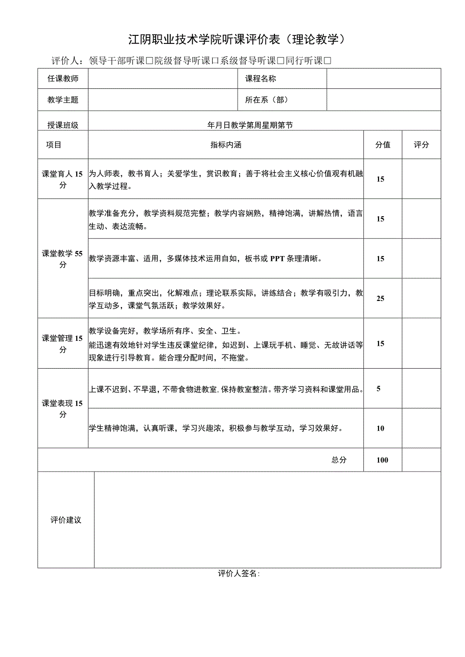 江阴职业技术学院听课评价表理论教学评价人领导干部听课院级督导听课系级督导听课同行听课.docx_第1页