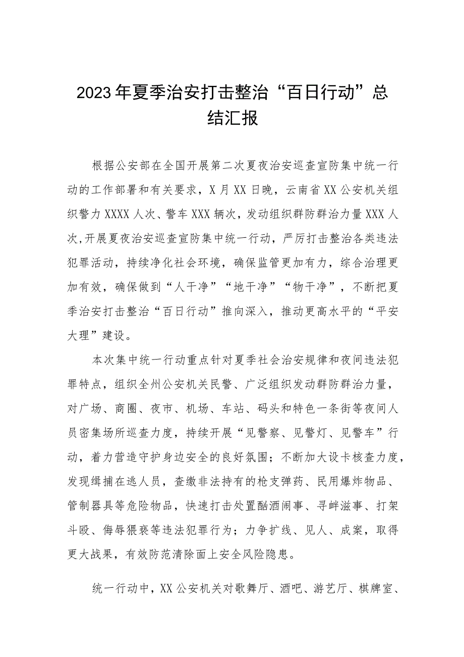 2023年夏季治安打击整治“百日行动”总结汇报四篇.docx_第1页