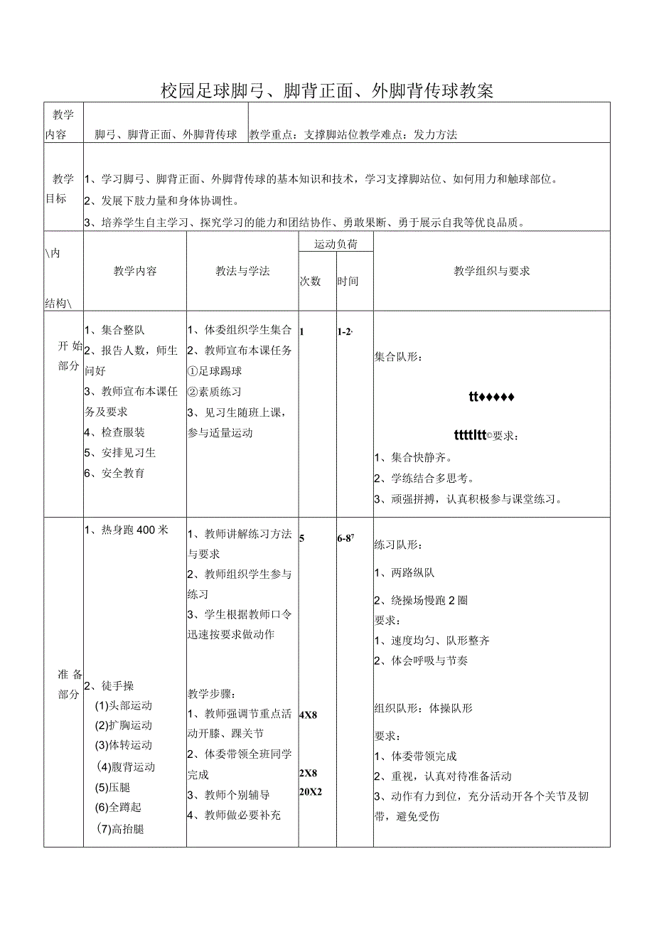 校园足球脚弓、脚背正面、外脚背传球教案.docx_第1页