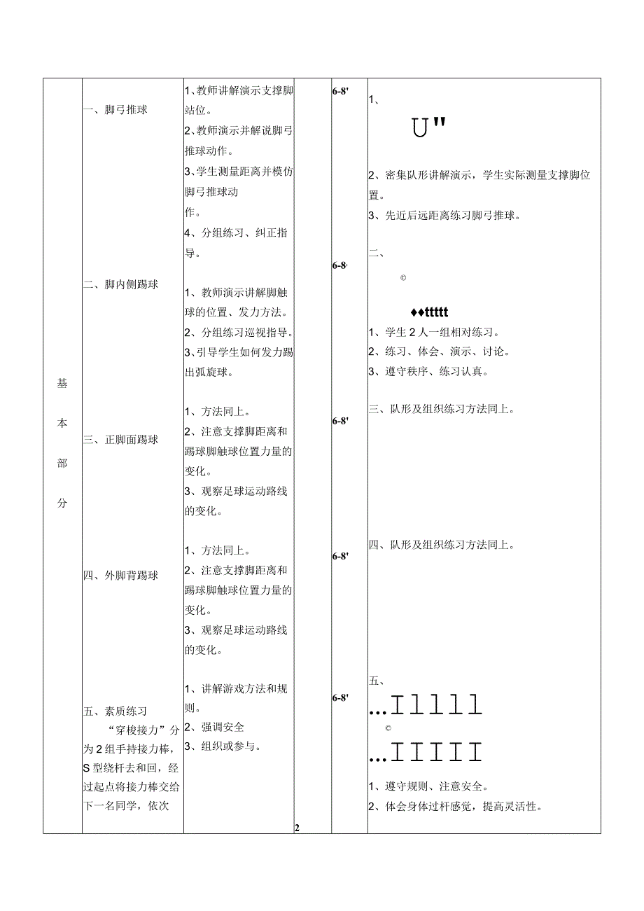 校园足球脚弓、脚背正面、外脚背传球教案.docx_第2页