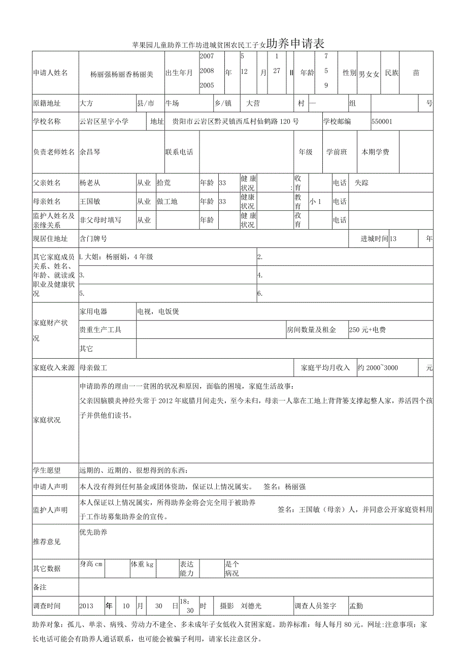 苹果园儿童助养工作坊进城贫困农民工子女助养申请表.docx_第1页