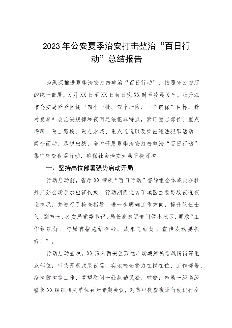 2023公安夏季治安打击整治“百日行动”总结报告四篇范文.docx_第1页