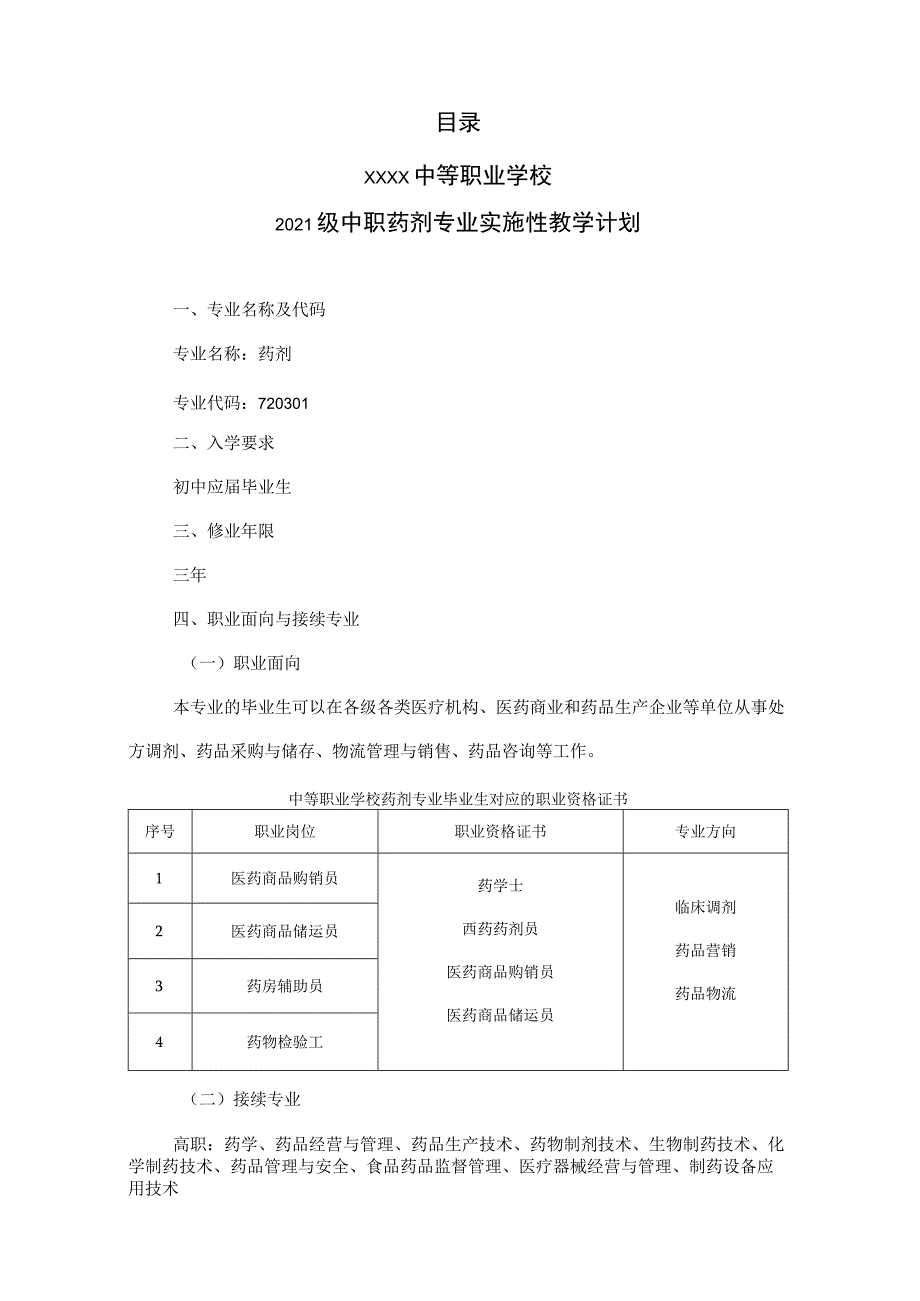 中等职业学校药学专业实施性教学计划.docx_第2页