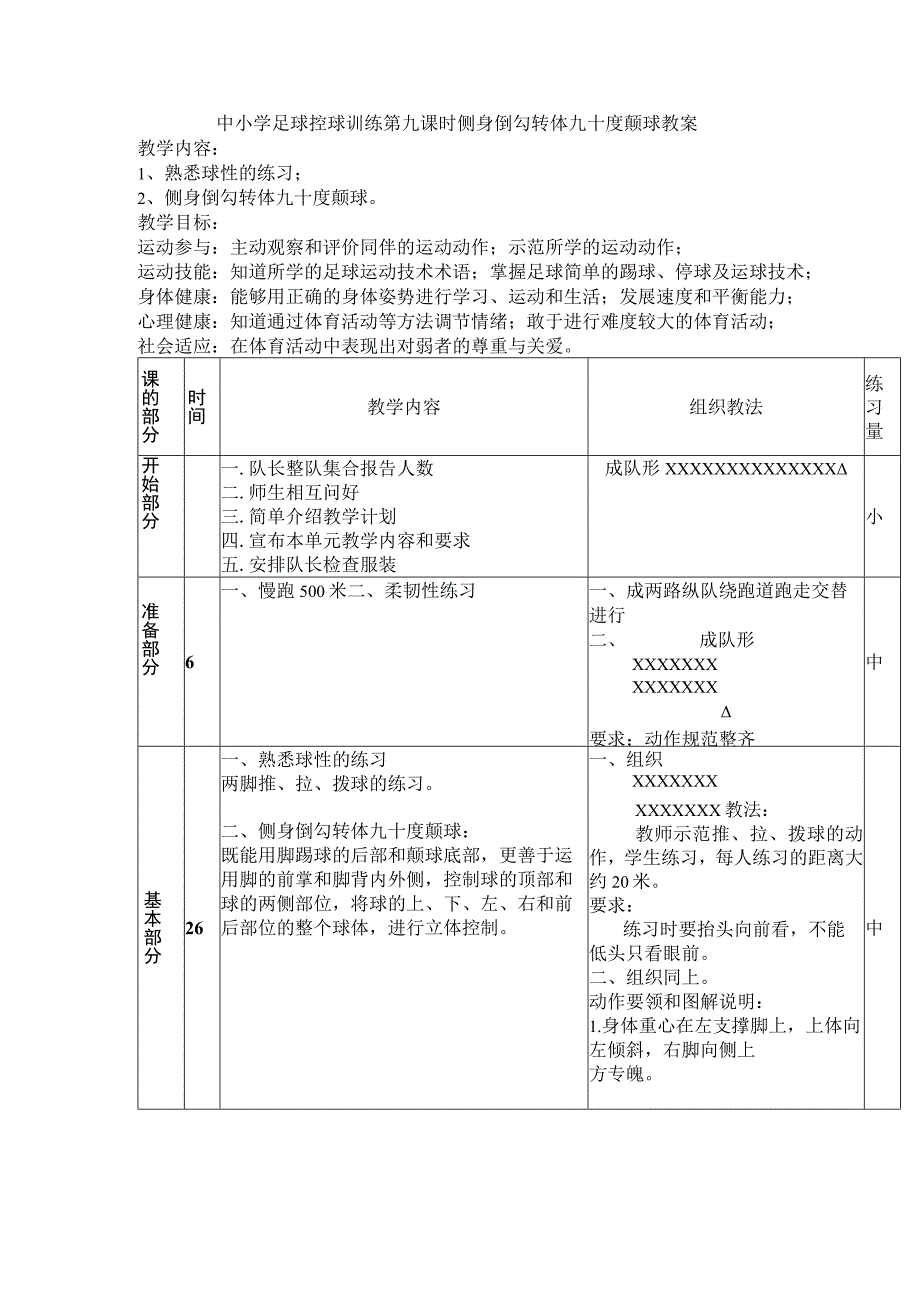 中小学足球控球训练第九课时侧身倒勾转体九十度颠球教案.docx_第1页