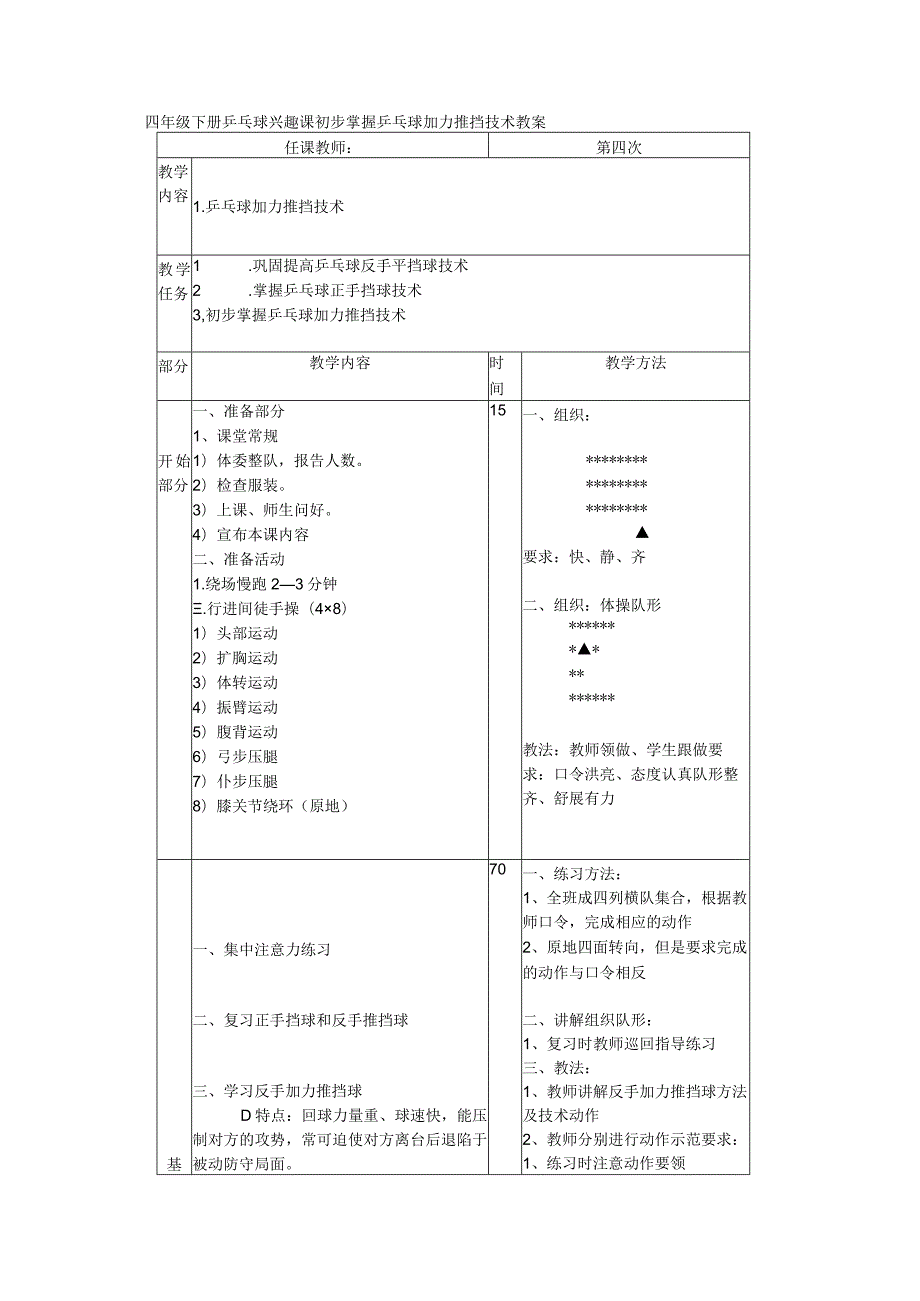 四年级下册乒乓球兴趣课初步掌握乒乓球加力推挡技术教案.docx_第1页