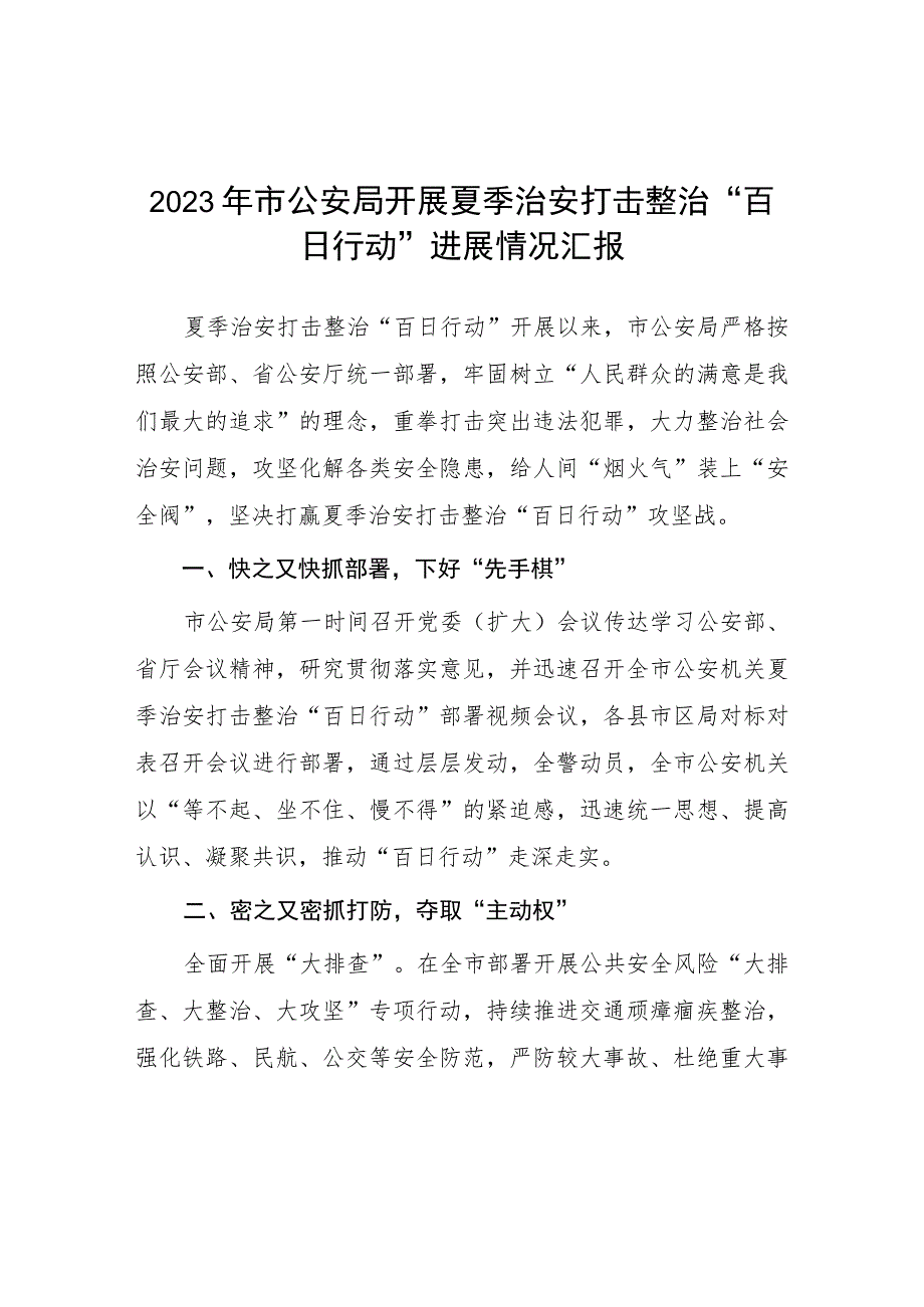 2023年县公安机关夏季治安打击整治“百日行动”阶段性进展情况汇报总结十篇.docx_第1页