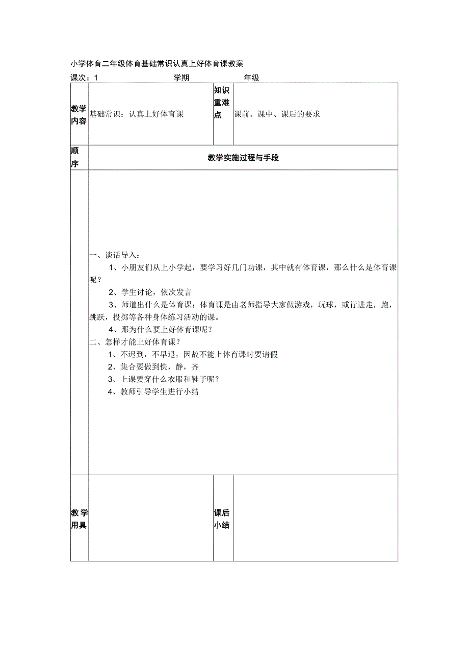 小学体育二年级体育基础常识认真上好体育课教案.docx_第1页