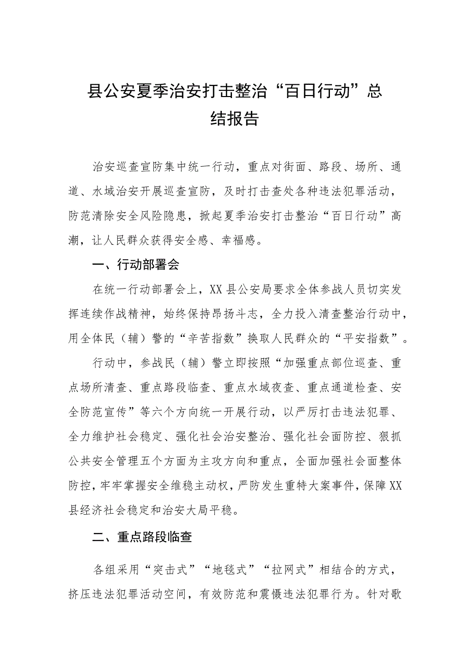 县公安夏季治安打击整治“百日行动”总结报告七篇.docx_第1页