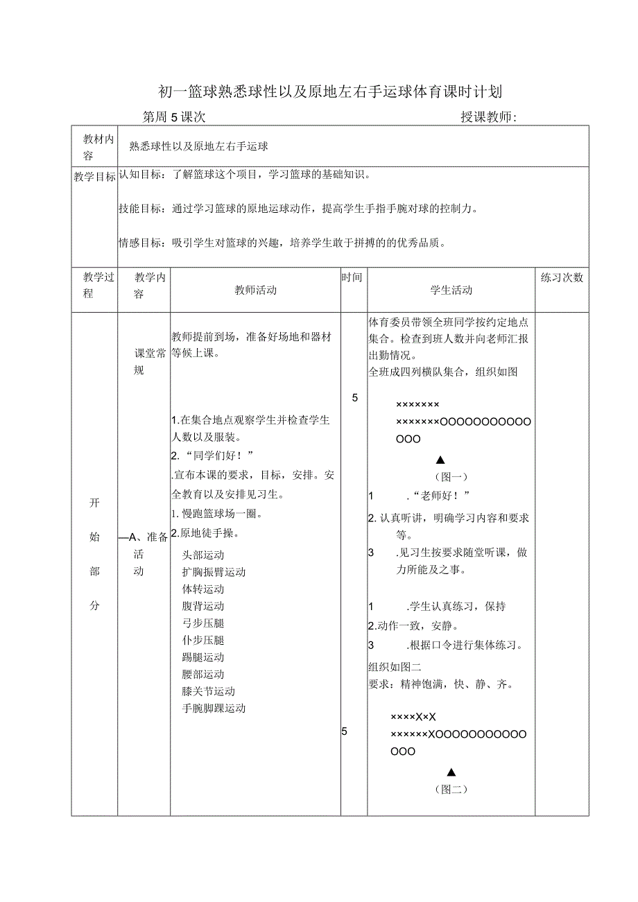 初一篮球熟悉球性以及原地左右手运球体育课时计划.docx_第1页