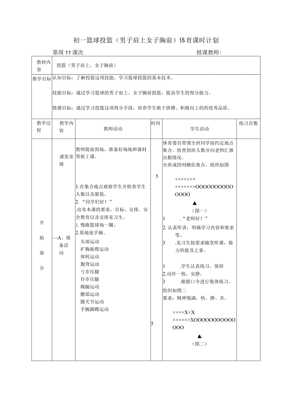 初一篮球投篮（男子肩上女子胸前）体育课时计划.docx_第1页