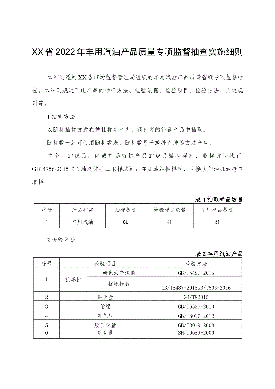 2022年车用汽油产品质量专项监督抽查实施细则.docx_第1页