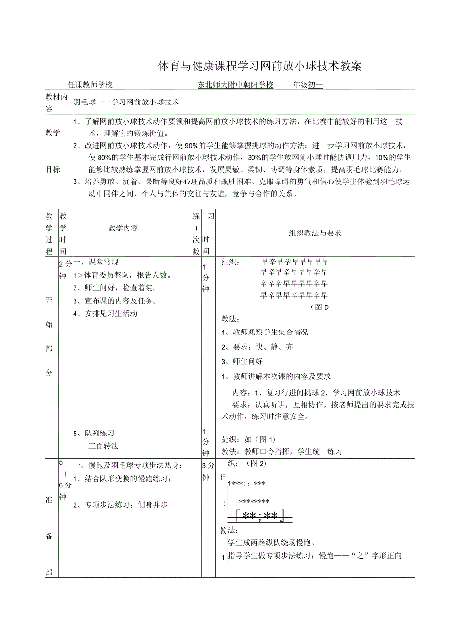 体育与健康课程学习网前放小球技术教案.docx_第1页