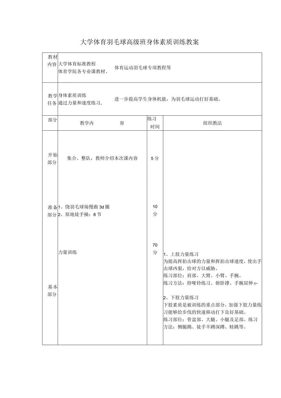 大学体育羽毛球高级班身体素质训练教案.docx_第1页