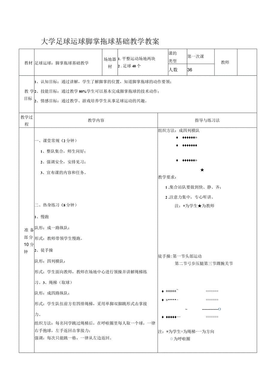 大学足球运球脚掌拖球基础教学教案.docx_第1页