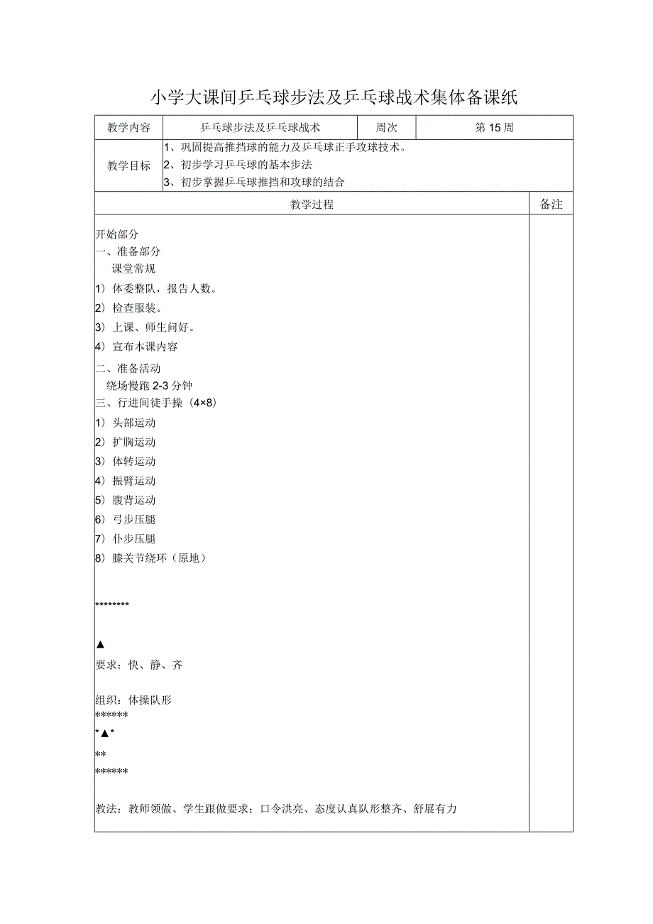 小学大课间乒乓球步法及乒乓球战术集体备课纸.docx_第1页