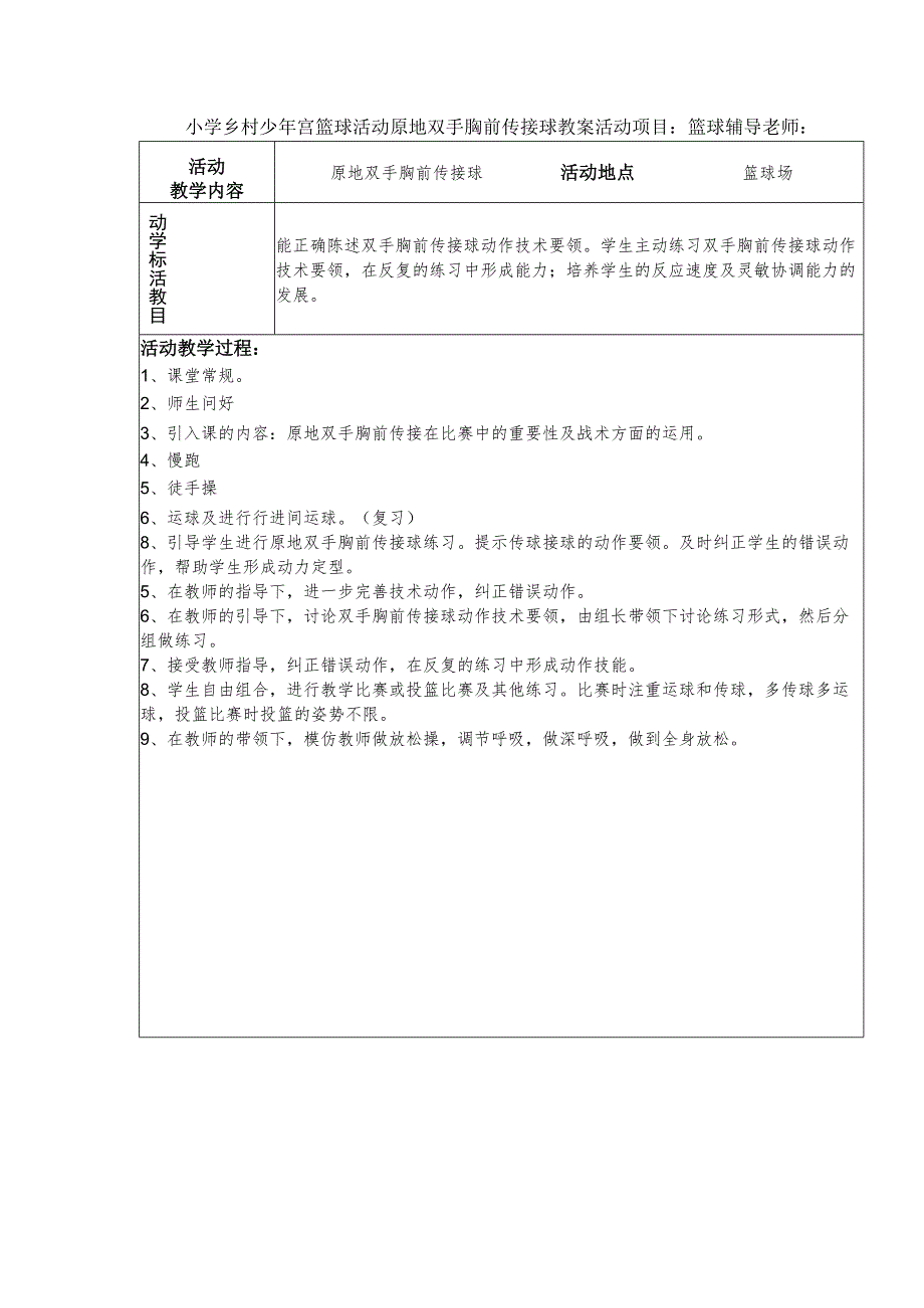 小学乡村少年宫篮球活动原地双手胸前传接球教案.docx_第1页