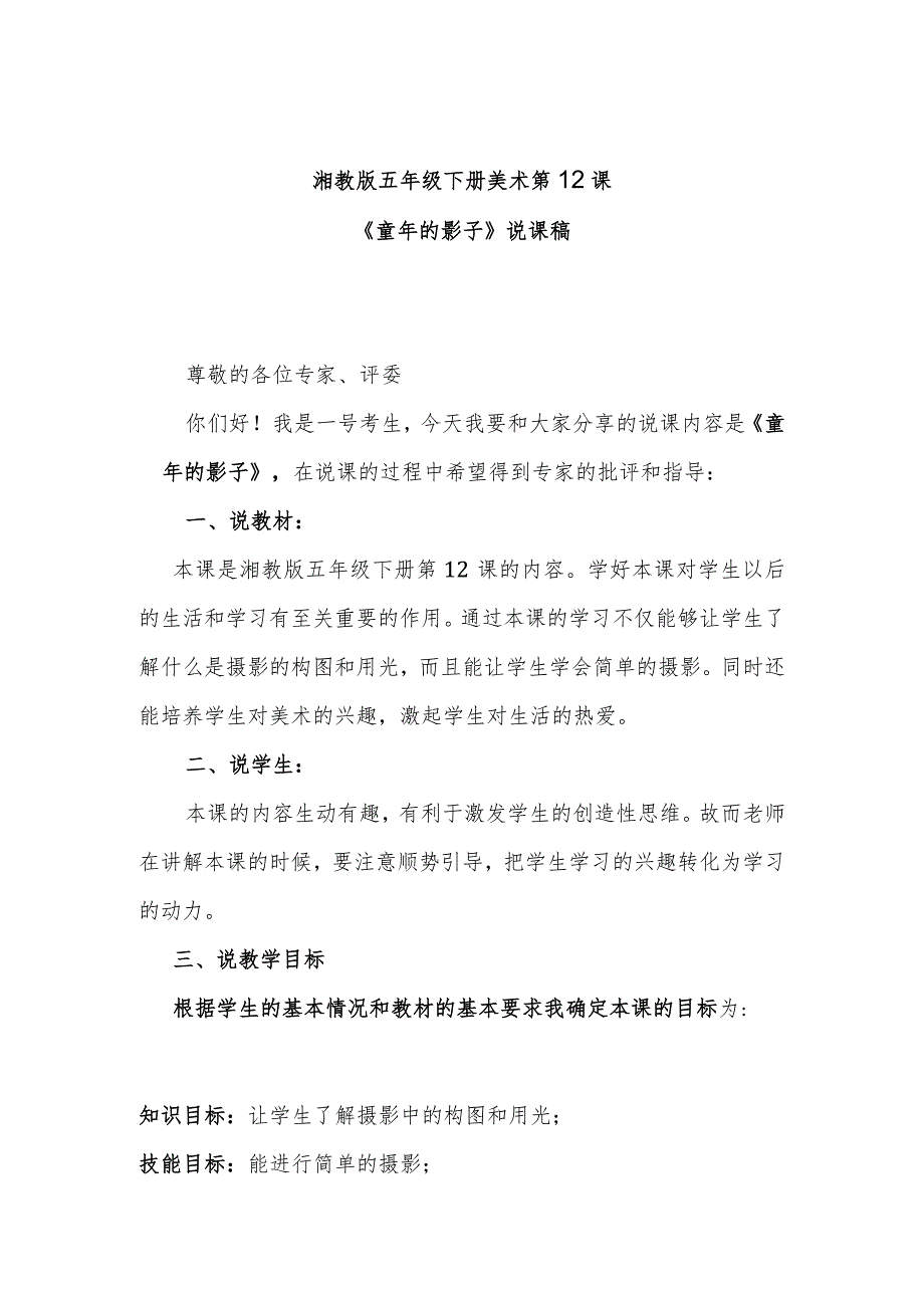 湘教版五年级下册美术第12课《童年的影子》说课稿.docx_第1页