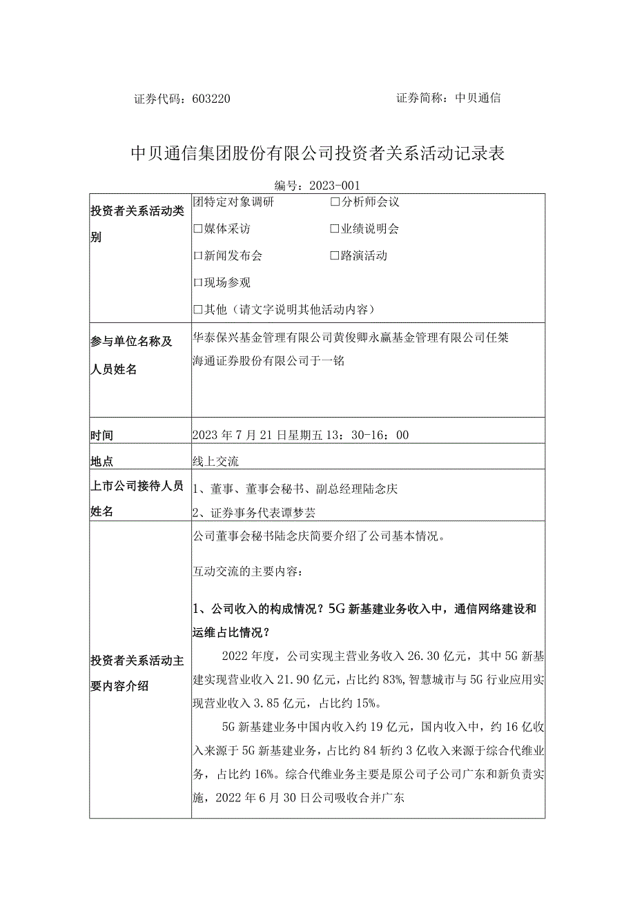 证券代码603220证券简称中贝通信中贝通信集团股份有限公司投资者关系活动记录表.docx_第1页