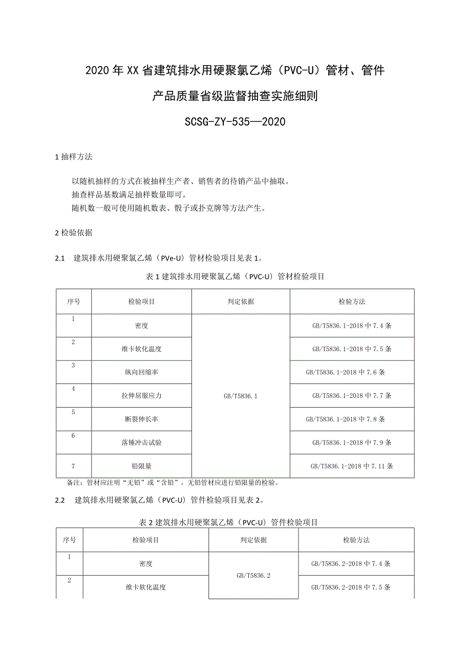 2020年建筑排水用硬聚氯乙烯(PVC-U)管材、管件产品质量省级监督抽查实施细则.docx_第1页