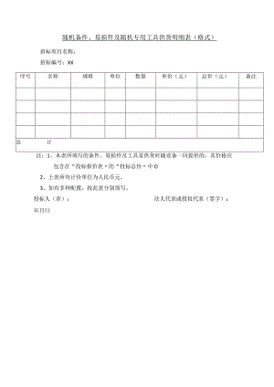 随机备件、易损件及随机专用工具供货明细表（格式））(2023年).docx