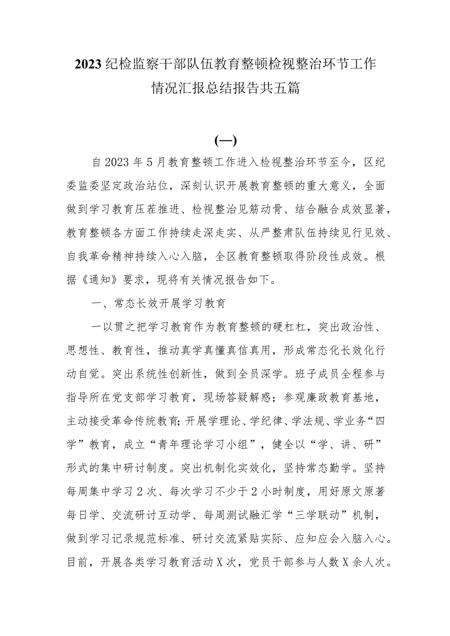 2023纪检监察干部队伍教育整顿检视整治环节工作情况汇报总结报告共五篇.docx_第1页