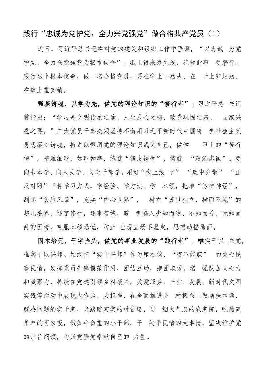 “忠诚为党护党、全力兴党强党”学习心得体会（研讨发言材料）.docx_第1页