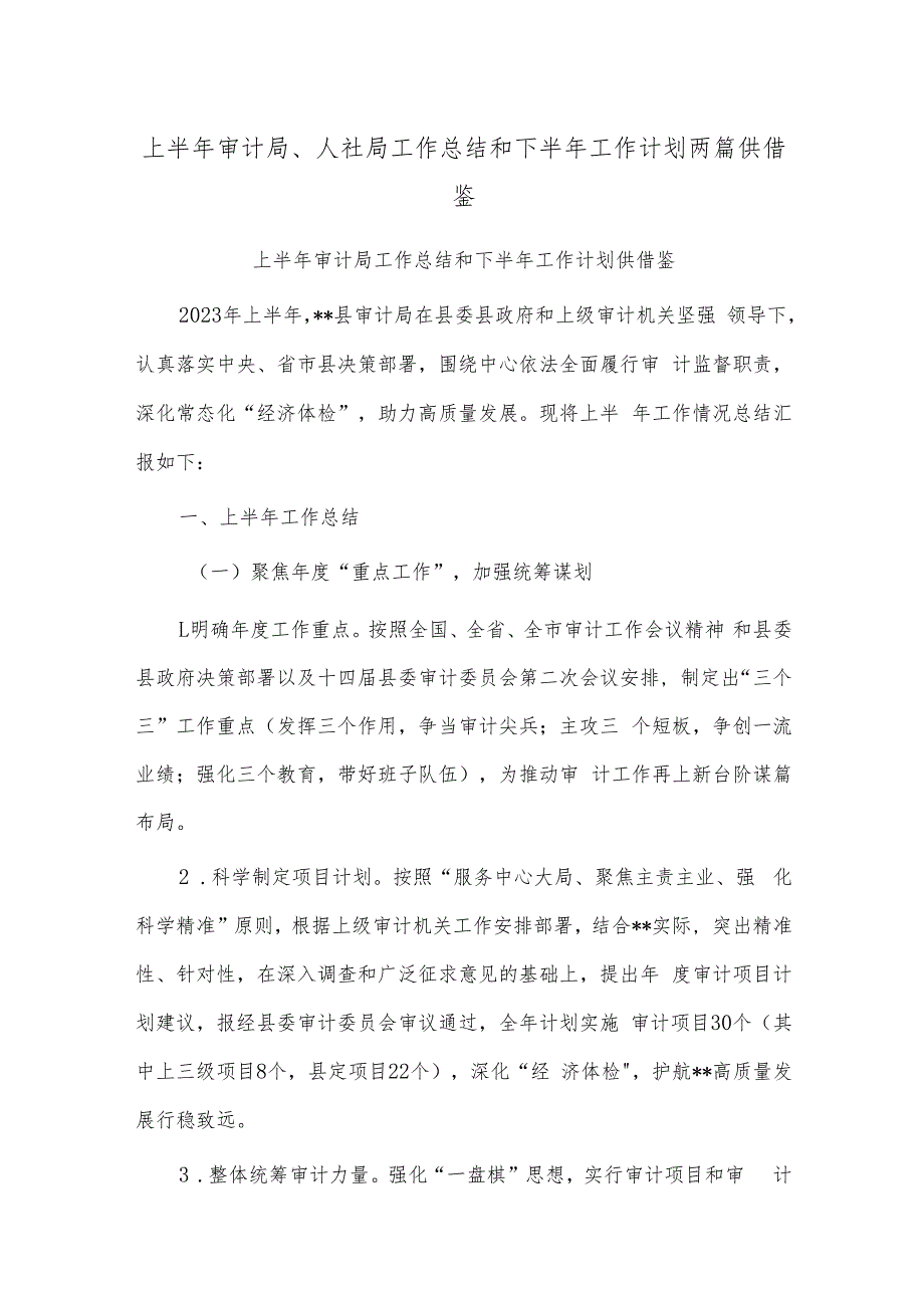 上半年审计局、人社局工作总结和下半年工作计划两篇供借鉴.docx_第1页