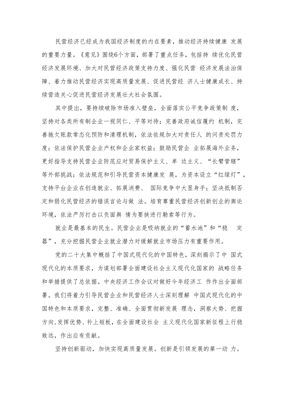 2023学习贯彻《关于促进民营经济发展壮大的意见》心得体会研讨发言材料(精选10篇汇编).docx_第3页