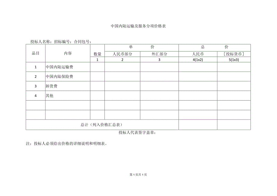 中国内陆运输及服务分项价格表(2023年).docx_第1页