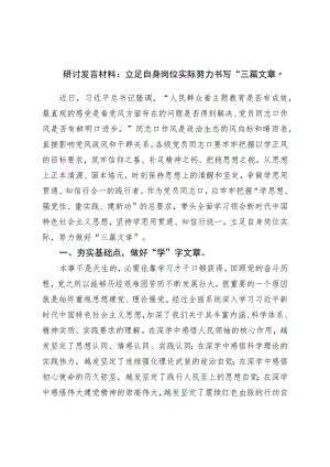 研讨发言材料：立足自身岗位实际努力书写“三篇文章”.docx