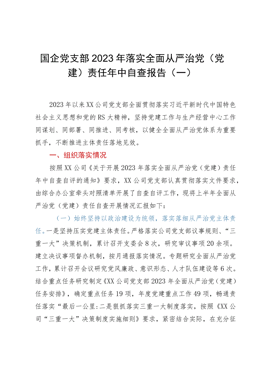 国企党支部2023年落实全面从严治党（党建）责任年中自查报告（一）.docx_第1页