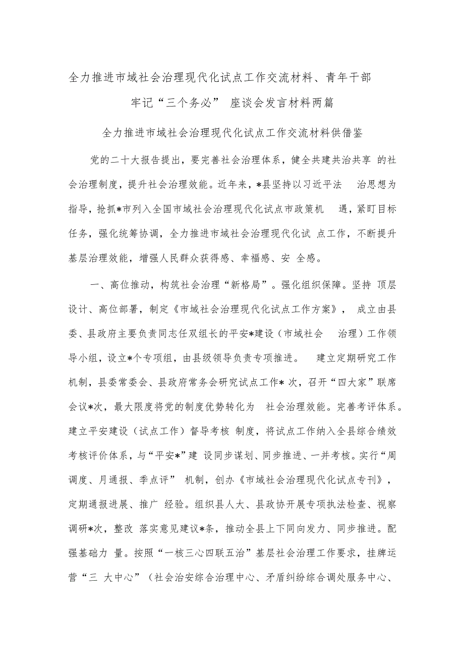 全力推进市域社会治理现代化试点工作交流材料、青年干部牢记“三个务必”座谈会发言材料两篇.docx_第1页