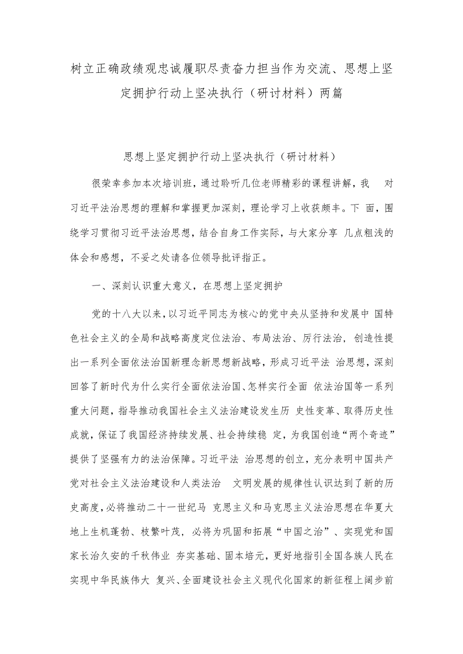 树立正确政绩观忠诚履职尽责奋力担当作为交流、思想上坚定拥护 行动上坚决执行（研讨材料）两篇.docx_第1页