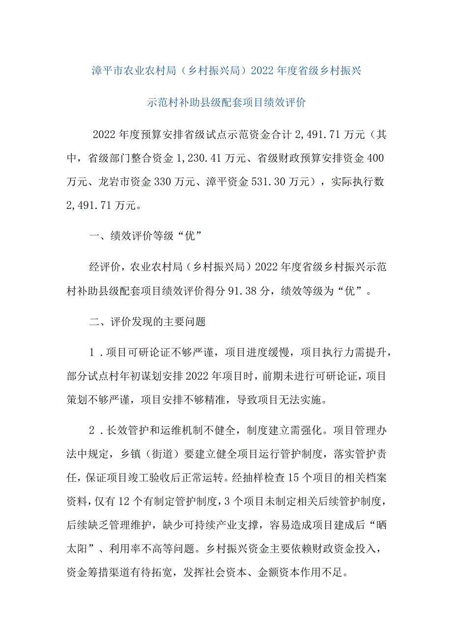 漳平市农业农村局乡村振兴局2022年度省级乡村振兴示范村补助县级配套项目绩效评价.docx_第1页