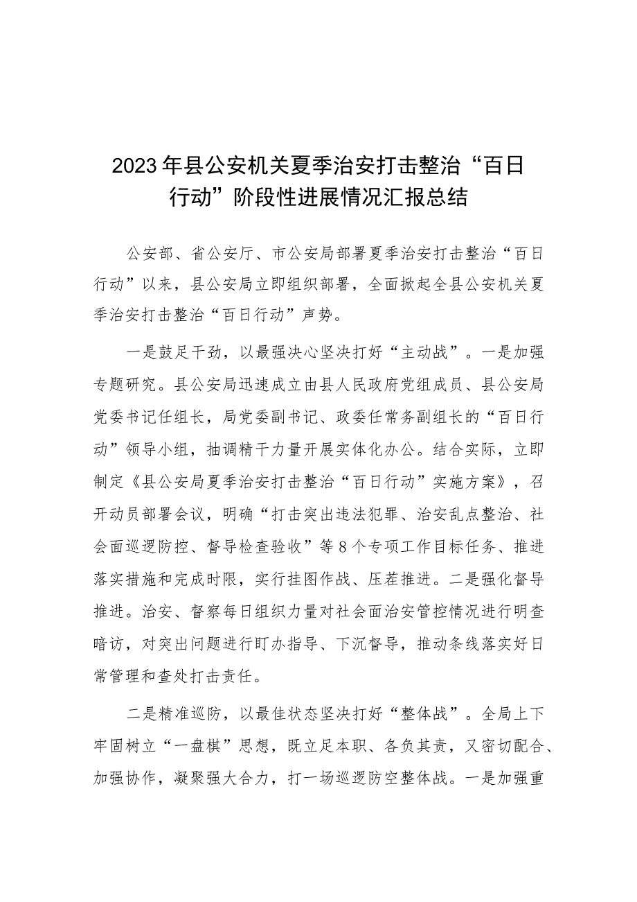 2023年县公安机关夏季治安打击整治“百日行动”阶段性进展情况汇报总结六篇.docx_第1页