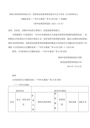 国家中医药管理局综合司、国家药品监督管理局综合司关于发布《古代经典名方关键信息表(“竹叶石膏汤”等25首方剂)》的通知.docx