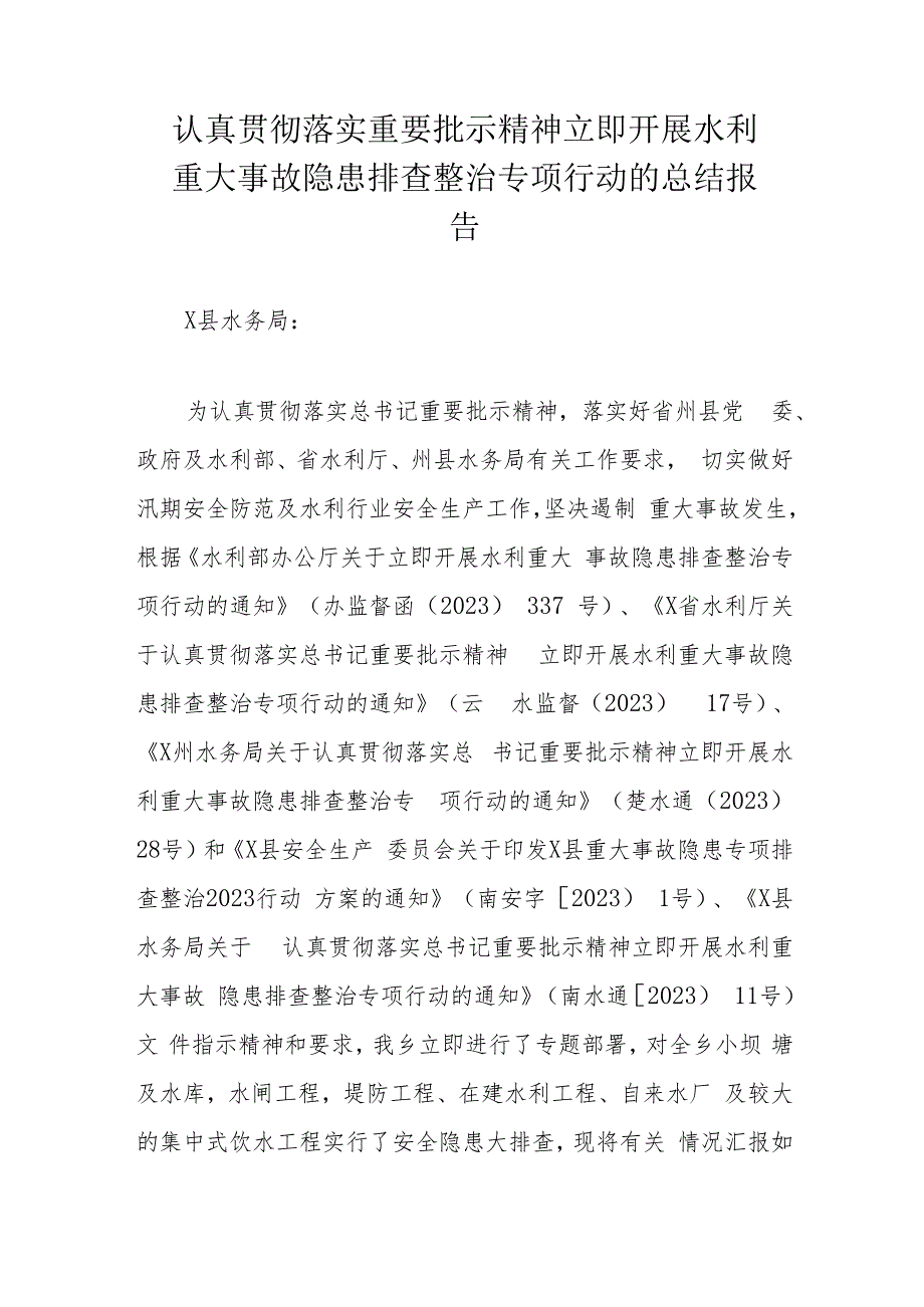 认真贯彻落实重要批示精神立即开展水利重大事故隐患排查整治专项行动的总结报告.docx_第1页